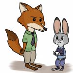  1:1 anothercolouranon anthro barefoot bottomwear canid canine chibi clothed clothing dipstick_ears disney duo ears_up female fox fur grey_body grey_fur holding_object inner_ear_fluff judy_hopps lagomorph leporid male mammal multicolored_ears necktie nick_wilde notebook orange_body orange_fur pants pencil_(object) police_uniform rabbit red_fox shadow shirt simple_background standing toeless_legwear topwear uniform white_background zootopia 