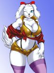  absurd_res accessory anthro big_breasts bird_dog blue_background blue_eyes bottomwear bow breasts canid canine canis cleavage clothed clothing cosplay cowboy_bebop crop_top curvaceous domestic_dog fay_spaniel faye_valentine female fur hair_accessory hair_bow hair_ribbon hi_res hunting_dog kyelyn_(artist) legwear looking_at_viewer mammal midriff nintendo one_eye_closed ribbons shirt shorts simple_background smile solo spaniel star_fox stockings suspenders thick_thighs tight_clothing tongue tongue_out topwear video_games white_body white_fur wink 