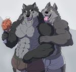  2018 5_fingers 82ma47u abs anthro black_body black_fur brown_eyes bulge canid canine canis clothing countershade_torso countershading duo eyebrows fingers food fur gadoran grey_body grey_countershading grey_fur male mammal meat muscular muscular_male open_mouth open_smile smile tongue tongue_out underwear wolf yellow_eyes 