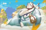  2019 anthro belly blue_eyes cai1448331577 clothing detailed_background felid feline fur hi_res humanoid_hands male mammal moobs navel one_eye_closed outside overweight overweight_male robe sitting solo white_body white_fur wink 