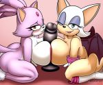  2019 absurd_res anthro big_head black_nose blaze_the_cat blush breast_squish breasts breasts_frottage chiropteran dildo domestic_cat duo eyelashes eyeshadow felid feline felis female hi_res looking_at_viewer makeup male mammal one_eye_closed rouge_the_bat sex_toy smile sonic_(series) squish trooper036 wings wink 