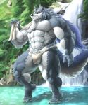  2019 5_fingers abs anthro balls biped black_nose canid canine canis clothing dendoro detailed_background fingers fundoshi fur grey_body grey_fur hair hi_res holding_towel humanoid_hands japanese_clothing law_(sdorica_sunset) long_hair male mammal multicolored_body multicolored_fur muscular muscular_male nipples plant pubes sdorica sdorica_sunset standing towel two_tone_body two_tone_fur underwear waterfall white_body white_fur wolf yellow_eyes 