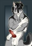  2019 abs animal_genitalia animal_penis anthro balls biceps black_body black_fur black_hair black_nose canid canine canine_penis canis chest_tuft claws digital_media_(artwork) erection fangs fur grey_body grey_fur hair hi_res knot looking_at_viewer male mammal markings muscular muscular_male nude open_mouth patrikthedog pecs penis pink_penis pinup pose red_eyes sheath simple_background smile solo standing teeth tuft white_body white_fur wolf 