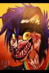  ambiguous_gender anthro blood blue_hair bodily_fluids canid canine eyebrows fangs hair headshot_portrait hi_res lizheru looking_at_viewer mammal portrait solo watermark 
