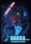  2019 4_toes 5_fingers balls bandanna black_body black_fur blue_eyes bodysuit canid canine canis claws clothing cub dakka dakkawoof fangs fingers form_fitting fur hi_res lightsaber male mammal melee_weapon name_badge open_mouth paws penis skinsuit small_balls small_penis solo spread_legs spreading star_wars sword tight_clothing toes tron weapon wolf young 