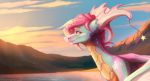  claws day detailed_background dragon eyelashes female feral hair hi_res horn icelectricspyro membrane_(anatomy) membranous_wings outside pink_hair red_eyes scales scalie sky solo spines western_dragon wings 