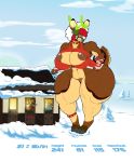  2014 anthro big_breasts bottomless breast_expansion breasts butt_expansion capreoline cervid cleavage clothed clothing female growth hi_res larger_female macro mammal nipples rabid reindeer size_difference snow thick_thighs 