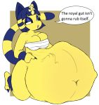  animal_crossing ankha_(animal_crossing) anthro belly big_belly big_breasts breasts carnivorousvixen domestic_cat egyptian english_text felid feline felis female female_pred fur half_lidded_eyes hand_imprint hi_res mammal nintendo open_mouth oral_vore simple_background solo text video_games vore yellow_body yellow_fur 