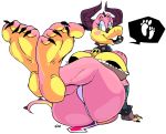  5_toes anthro barefoot big_breasts big_butt breasts butt claws clothing collar dragon dragoness_(vimhomeless) facial_scales feet female foot_focus hi_res horn huge_breasts huge_butt humanoid_feet lipstick makeup nipples non-mammal_breasts pink_body pink_scales plantigrade scales scalie smile soles solo speech_bubble thick_thighs toe_claws toes vimhomeless voluptuous wide_hips 