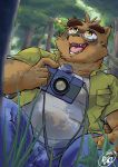  2019 anthro belly bottomwear brown_body brown_fur camera canid canine clothed clothing detailed_background eyebrows eyewear fur glasses hi_res holding_camera holding_object humanoid_hands kounosuke_(morenatsu) male mammal mesidukainumaru morenatsu open_mouth open_shirt open_smile outside overweight overweight_male pants raccoon_dog shirt smile solo tanuki teeth tongue topwear 