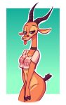  2019 antelope anthro border bottomless bovid chico_(fuel) choker clothed clothing crop_top crossgender english_text facial_markings female fuel_(artist) gazelle gradient_background green_background half-closed_eyes head_markings hi_res horn jewelry looking_at_viewer mammal markings meme mtf_crossgender necklace outline shirt simple_background smile solo text tongue tongue_out topwear until_it_snaps white_border white_outline 
