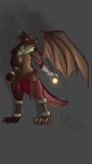  2019 absurd_res acethebigbadwolf armor belt bracers claws clothing digital_media_(artwork) female fluffy hi_res horn kobold leather loincloth magic pouch_(disambiguation) scalie solo utility_belt wings wraps 