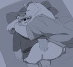  00makumakuma00 2019 anthro bed blush butt clothing crushfang_(sdorica_sunset) dagger_(sdorica_sunset) duo eyes_closed furniture hi_res hug humanoid_hands lying male mammal moobs overweight overweight_male pillow polar_bear robe sdorica_sunset sleeping ursid ursine 