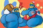  2019 absurd_res anthro avian beak belly big_breasts big_butt bird blush bodily_fluids breasts butt clothed clothing crossgender digital_media_(artwork) female hammer hand_on_breast hat headgear headwear hi_res king_dedede kirby_(series) kneeling looking_back melee_weapon mtf_crossgender nintendo nipples non-mammal_breasts nude open_mouth overweight overweight_female penguin pussy rear_view robe simple_background solo sushirolldragon sweat thick_thighs tools video_games weapon wide_hips 