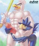  2019 5_fingers abs anthro anthrofied avian balls beak duo erection fingers flaccid gobanire half-closed_eyes humanoid_penis male male/male masturbation murkrow muscular muscular_male nintendo nipples nude open_mouth open_smile pecs penis pok&eacute;mon pok&eacute;mon_(species) red_eyes sirfetch&#039;d size_difference smile video_games yellow_beak 