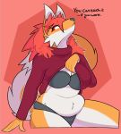  2019 absurd_res anthro belly big_breasts blush bottomless breasts canid canine clothed clothing dgenr dialogue digital_media_(artwork) female fox fur hair hi_res mammal navel simple_background slightly_chubby smile solo text thick_thighs topwear 