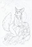  2017 anthro areola bracelet breasts canid canine cheek_tuft chest_tuft claws convenient_censorship digitigrade ear_piercing erect_nipples female fox gloves_(marking) hair headdress hi_res inner_ear_fluff jewelry leaf leaning leaning_forward leg_markings line_art long_hair mammal markings neck_tuft nekoart nipples nude outside pawpads piercing rock roots socks_(marking) solo toe_claws traditional_media_(artwork) tree tuft whiskers 
