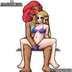  1:1 accessory animated barefoot blonde_hair blush breasts breath_of_the_wild clothed clothing dark_skin digital_media_(artwork) duo eyelashes female female/female fingering fingering_partner green_eyes hair hair_accessory hairclip hi_res humanoid humanoid_on_humanoid humanoid_pointy_ears james_cabello looking_pleasured loop navel nintendo not_furry open_mouth pixel_(artwork) princess_zelda red_hair sex the_legend_of_zelda underwear urbosa video_games 