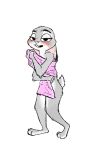  anthro blush buckteeth dipstick_ears disney ears_down female fur grey_body grey_fur judy_hopps lagomorph leporid mammal multicolored_ears numbro pivoted_ears rabbit scut_tail simple_background solo standing teeth towel towel_only white_background zootopia 