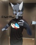  2019 anthro bathroom black_bottomwear black_clothing black_shirt black_shorts black_topwear bottomwear brown_eyes brown_nose canid canine cellphone clothed clothing digital_media_(artwork) fox fur gesture graphic_tee grey_body grey_fur hi_res iphone looking_at_viewer male mammal multicolored_body multicolored_fur pants phone photo_background pointing real selfie shirt shorts smartphone smile solo starrffax starrffax_(fox_sona) topwear two_tone_body two_tone_fur 