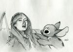  2012 absurd_res alien ambiguous_gender back_markings chest_tuft disney duo experiment_(lilo_and_stitch) eyebrows eyes_closed female fur graphite_(artwork) greyscale hair head_tuft hi_res human lilo_and_stitch lindsay_lohan long_hair mammal markings monochrome notched_ear open_mouth pencil_(artwork) raised_inner_eyebrows robthedoodler signature simple_background sleeping stitch_(lilo_and_stitch) traditional_media_(artwork) tuft tugging 