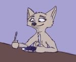  anthro arctic_fox blueberry_(fruit) canid canine disney famished_(artist) female food fox fruit fur holding_fork holding_knife mammal nude plant plate simple_background sitting skye_(zootopia) solo white_body white_fur zootopia 