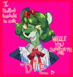  &lt;3 &lt;3_eyes 2019 alternate_species anthro bow_tie brisskwinds bust_portrait canid canine canis clothed clothing danganronpa domestic_dog english_text female fur green_body green_eyes green_fur green_hair hair happy mammal monaca_towa open_mouth portrait solo text translucent translucent_hair 