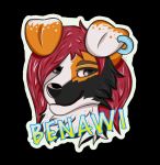 badge benawi black_background border_collie canid canine canis collie domestic_dog ear_piercing grey_eyes hair headshot_portrait herding_dog hi_res icon long_hair looking_at_viewer male mammal pastoral_dog piercing portrait red_hair sheepdog simple_background solo zaczkie 