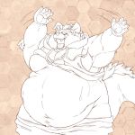  1:1 2019 behemoth_(housamo) belly clothed clothing hijirinoyuta hoodie horn male monster moobs navel overweight pants_down partially_clothed pawpads solo tokyo_afterschool_summoners topwear video_games 
