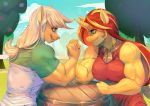  anthro applejack_(mlp) arm_wrestling bakki big_breasts breasts equestria_girls equid female friendship_is_magic horn mammal muscular muscular_female my_little_pony outside sunset_shimmer_(eg) unicorn 