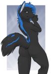  2019 anthro black_body black_fur blue_eyes blue_hair blue_nose butt_pose canid canine canis digital_media_(artwork) female fur hair mammal nude pose raaz simple_background solo standing wolf 