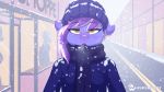  16:9 2019 anthro berry_frost clothed clothing digital_media_(artwork) equid equine fan_character freckles looking_at_viewer mammal my_little_pony open_mouth outside scarf snow solo text whisperfoot winter 
