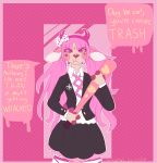  2019 alternate_species anthro baseball_bat bat_(object) bottomwear bovid bow_tie brisskwinds caprine clothed clothing danganronpa english_text fake_horns female fur hair hi_res holding_object holding_weapon kotoko_utsugi long_hair mammal pink_body pink_eyes pink_fur pink_hair portrait pouting sheep skirt solo speech_bubble standing text three-quarter_portrait translucent translucent_hair weapon young 