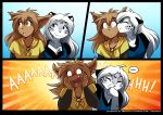 2019 aged_up anthro basitin blue_background blue_eyes blush brown_body brown_fur clothed clothing comic conditional_dnp duo embarrassed eyes_closed felid female female/female fur giggle gradient_background grey_body grey_fur hi_res keidran kissing kissing_cheek madelyn_adelaide maeve_(twokinds) mammal multicolored_body multicolored_fur open_mouth pantherine scarf screaming simple_background smile snow_leopard spots spotted_body spotted_fur surprise tom_fischbach twokinds webcomic white_body white_fur yellow_background yellow_eyes 