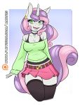  2019 absurd_res aged_up ambris anthro blush bottomwear breasts choker clothed clothing ear_piercing equid female friendship_is_magic fully_clothed green_eyes hair hi_res horn jewelry legwear long_hair looking_at_viewer mammal multicolored_hair multicolored_tail my_little_pony necklace off_shoulder open_mouth open_smile patreon piercing shirt skirt smile solo sweater sweetie_belle_(mlp) tank_top text thigh_highs topwear two_tone_hair unicorn url 