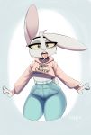  2019 absurd_res anthro belt bodily_fluids bottomwear buckteeth cheek_tuft choker clothed clothing drooling english_text fur grey_background head_tuft hi_res hoodie jeans jewelry lagomorph leporid looking_at_viewer mammal meme necklace open_mouth pants rabbit saliva signature simple_background solo teeth texi_(yitexity) text thick_thighs tongue tongue_out topwear tuft until_it_snaps wide_hips yellow_sclera yitexity 