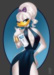  alcohol anatid anseriform anthro aonikaart avian beak bedroom_eyes beverage bird bow breasts cleavage clothed clothing daisy_duck digital_media_(artwork) disney dress ear_piercing ear_ring eyelashes female hair half-closed_eyes house_of_mouse keyhole_dress makeup piercing ponytail seductive signature smile solo standing vodka yellow_beak 