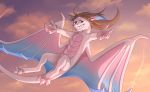  2019 3_toes 4_fingers brown_hair claws day detailed_background digital_media_(artwork) dragon female feral fingers flying hair hi_res horn icelectricspyro membrane_(anatomy) membranous_wings outside scalie sky solo toes western_dragon wings 