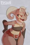  anthro belt clothing collar elsian female gloves hand_behind_back handwear hi_res horn kobold open_mouth piko reptile scalie short_stack solo standing teeth thick_thighs tongue watermark wide_hips 