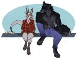  blue_eyes bottomwear canid canine canis clothed clothing dragon ear_piercing ear_ring hi_res hybrid jewelry lagomorph leporid luciellia male mammal pants piercing rabbit red_eyes shirt topless topwear wolf 