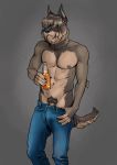  2019 5_fingers abs alcohol anthro areola beer beverage billmund biped black_claws blue_bottomwear blue_clothing blue_nose blue_pants bottle bottomwear brown_areola brown_body brown_fur brown_nipples brown_tail bulge canid canine canis claws clothing collarbone countershade_face countershade_tail countershade_torso countershading digital_drawing_(artwork) digital_media_(artwork) domestic_dog fingerless_(marking) fingers flaccid fluffy front_view frown fur grey_background grey_theme hair_over_eyes half-length_portrait hi_res holding_bottle holding_object jeans light lighting male mammal muscular muscular_male navel nipples pants pants_pull pecs penis penis_base pockets portrait presenting presenting_penis prick_ears pubes schnauzer shadow simple_background solo standing tan_body tan_countershading tan_fur tan_penis tan_tail 