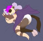  2019 absurd_res anthro astro_(astro_ferret) bodily_fluids brown_body brown_fur collar diaper domestic_ferret fur genital_fluids hair hi_res lying male mammal mustela mustelid musteline on_side pink_hair purple_hair simple_background sleeping solo tailbiter tan_body tan_fur urine watersports wet_diaper wetting 