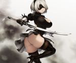  ass blindfold boots breasts cleavage cropped elbow_gloves gloves gray_hair headband houtengeki katana leotard nier nier:_automata short_hair sword thighhighs upskirt weapon yorha_unit_no._2_type_b 