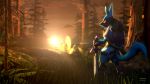  16:9 3d_(artwork) anthro biped butt canid detailed_background digital_media_(artwork) forest grass hi_res looking_at_viewer lucario lucario-ace male mammal melee_weapon musical_instrument nintendo ocarina pok&eacute;mon pok&eacute;mon_(species) red_eyes scabbard shield solo source_filmmaker sunset sword the_legend_of_zelda tree video_games weapon 