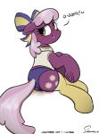  2019 absurd_res accessory blush butt cheerilee_(mlp) clothing earth_pony equid equine female feral friendship_is_magic hair_accessory hair_bow hair_ribbon hi_res hooves horse legwear mammal my_little_pony pony pussy_juice_puddle ribbons selenophile simple_background solo white_background 