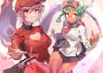  aeshleigh_(kfc) bow braids breasts cleavage cropped dark_skin glasses green_hair hat i_love_you_colonel_sanders! long_hair miriam_(kfc) naso4 pink_eyes pink_hair ponytail short_hair skirt thighhighs twintails uniform zettai_ryouiki 