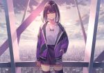  building city koh_rd original purple_hair red_eyes short_hair skirt thighhighs zettai_ryouiki 