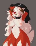  2019 anthro areola breasts canid canine cleft_of_venus digital_media_(artwork) female grey_background hi_res lycanroc mammal midnight_lycanroc nickii nintendo nipples pok&eacute;mon pok&eacute;mon_(species) pussy red_eyes simple_background solo video_games white_background 