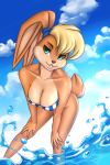  2019 anthro beach bent_over big_breasts bikini blonde_hair breasts buckteeth clothed clothing cloud detailed_background female fur green_eyes hair hi_res lagomorph leporid lola_bunny looking_at_viewer looney_tunes mammal outside rabbit seaside shumey smile solo standing swimwear teeth thick_thighs warner_brothers water wide_hips 