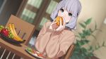  aconitea apple blue_eyes choker food fruit game_cg gray_hair il_shi koichi_ai onii-chan_asobo orange_(fruit) short_hair 